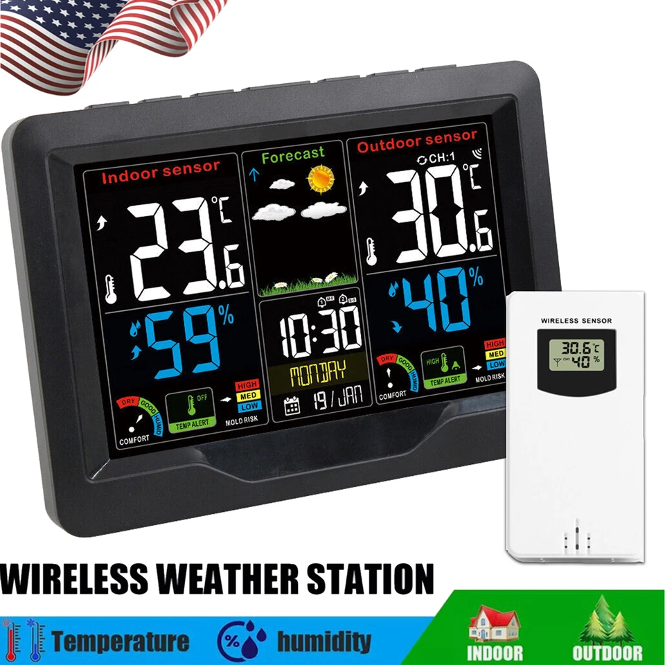 Digital LCD Weather Station Clock Indoor & Outdoor Calendar Thermometer Wireless - Image 2 of 4