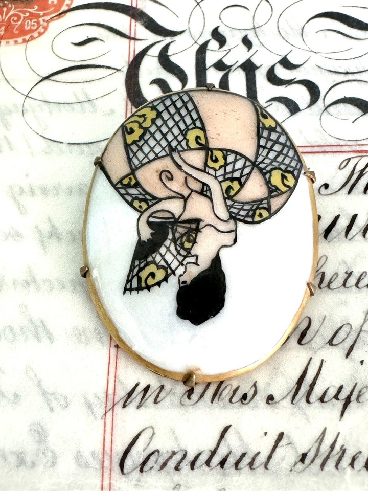 Vintage Art Deco Hand Painted Porcelain Brooch Pin Lady Holding Fan