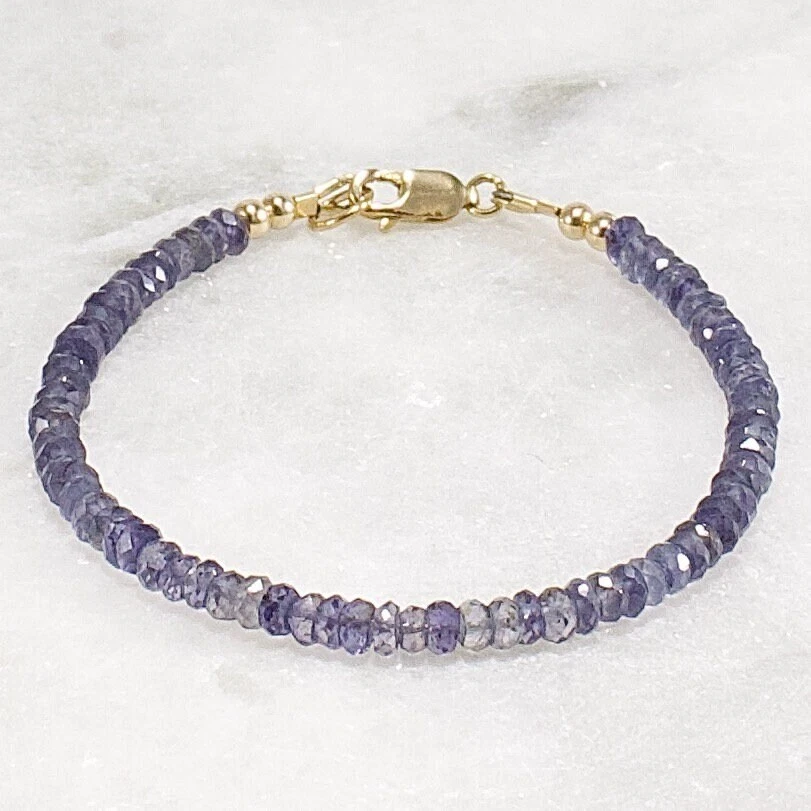 Pulsera de Iolita, Pulsera de Cuentas de Piedras Preciosas Micro Facetada Pulsera Apilable de Lujo Foto 2 de 4