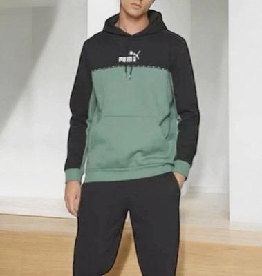 PUMA Men s Color Block Fleece Hooded Sweatshirt Black/ Green Small