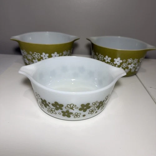 3 Vintage Pyrex Crazy Daisy Spring Blossom Green Dish Set 472 473 No Lids