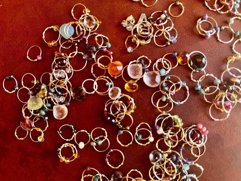 Gemstones hand wrapped beads, sterling and gold wires wrapped in circles