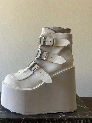 Demonia Swing-105 Platform Boots White Vegan Leather Size 8 Alt Cyber Goth - Picture 2 of 6