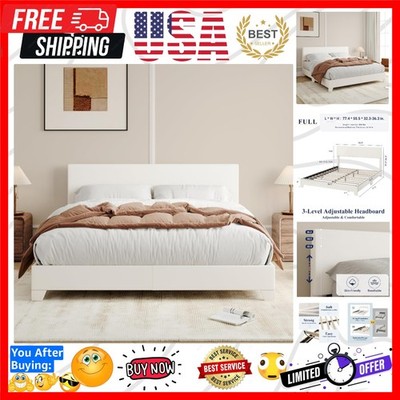 Queen Size Bed Frame with Adjustable Headboard, Faux Leather Platform Bed wit...