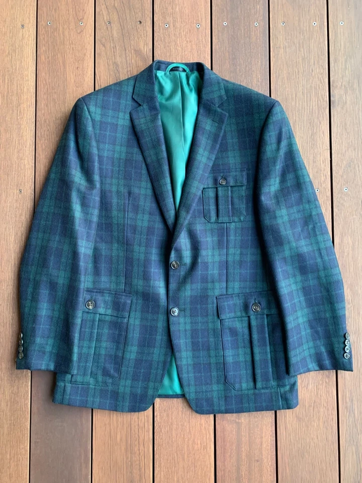 Izod Blackwatch 40R Tartan Plaid 3 Pocket Norfolk Blazer Jacket Sport Coat - Image 2 of 4