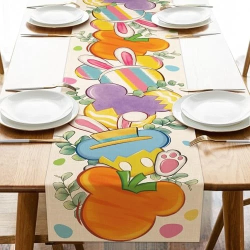 Easter Table Runner, Colorful Bunny Ears Carrot Kitchen Dining Table