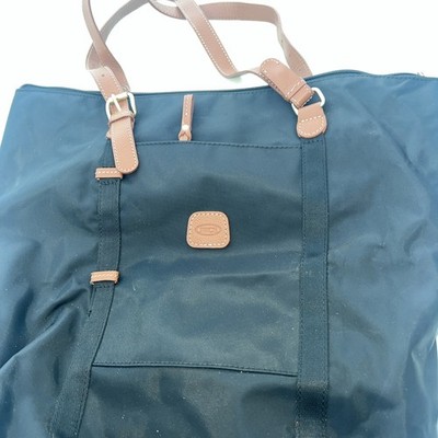Bric's ITALY GREEN NYLON CANVAS BROWN LEATHER HANDLES SHOULDER BAG TOTE HANDBAG