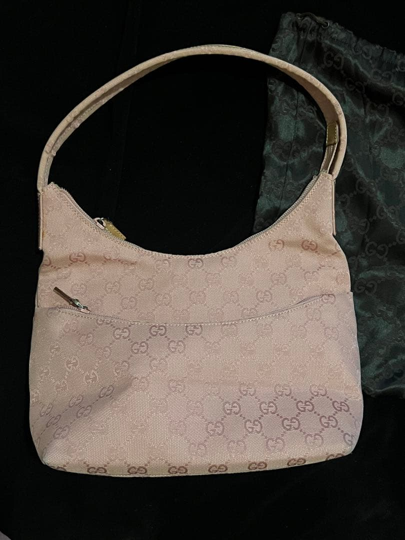 GUCCI GG Canvas Leather Shoulder Bag Pink Zip Closure Vintage From