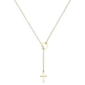 Authentic Lariat Necklace for Women, Dainty 14k Gold Plated Cross Pendant Necklace, Gold