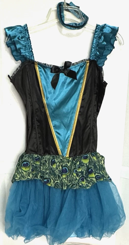 Disfraz de Pavo Real Vestido Corto Talla S Verde Azulado Alas de Pájaro Tutú Halloween Juegos con disfraces Colorido Foto 2 de 4