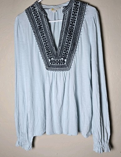 Boden Blue Embroidered Cotton Notch Neck Blouse Top Coastal Boho Peasant Size 14