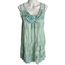 Pretty Angel Lace Overlay Mini Dress Medium Green Silk Blend Fairy Boho Cottage