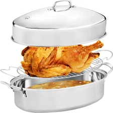 22" Large Oval Roasting Pan with Rack and Lid Turkey Roaster Stainless Steel