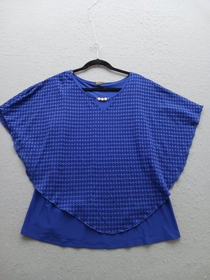 Onyx Apparel Women 1X Top Blue Nylon Lace V-Neck Cap Sleeve Layered Plus Casual