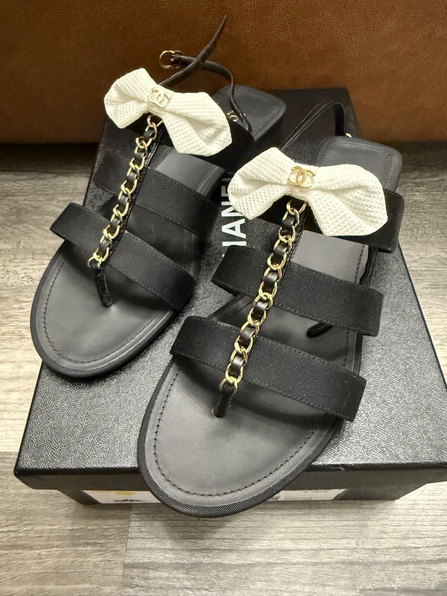 CHANEL Black Grosgrain & Leather Woven Trim Gold CC Thong Sandal