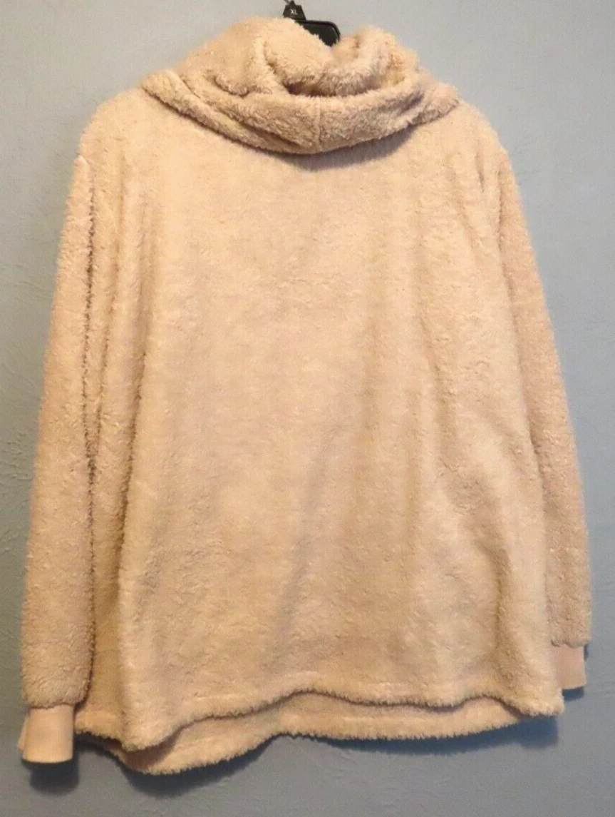 OFF WHITE Felpa donna pullover Jessica Simpson con cappuccio taglia XL panna scollo a V fuzzy sherpa