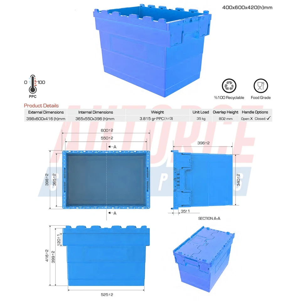 Attached Lid Containers, Heavy Duty Attached Lid Crate Storage Boxes Grey Blue - Image 4 of 4