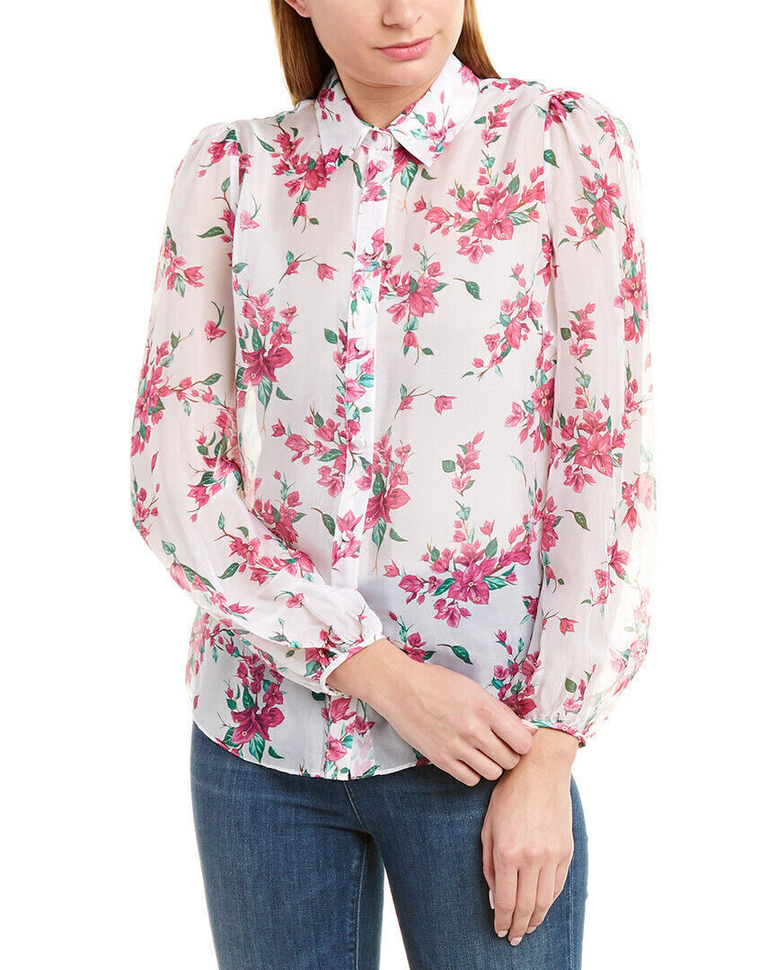 Rachel Zoe Top Shirt Sophia Silk Floral Sheer White Blouse Sz L