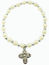 Girls First Communion White Faux Pearl Rosary Bracelet with 4 Way Scapular Charm