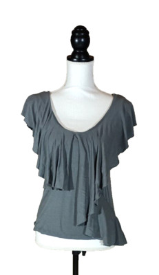 Seven7 Top Womens M Gray Ruffle Lace V Neck Cap Sleeve Blouse
