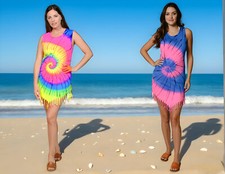 Women Tie Dye Fringe Tank Dress in Bright Dyed Colors Beach Cover Up ITD375