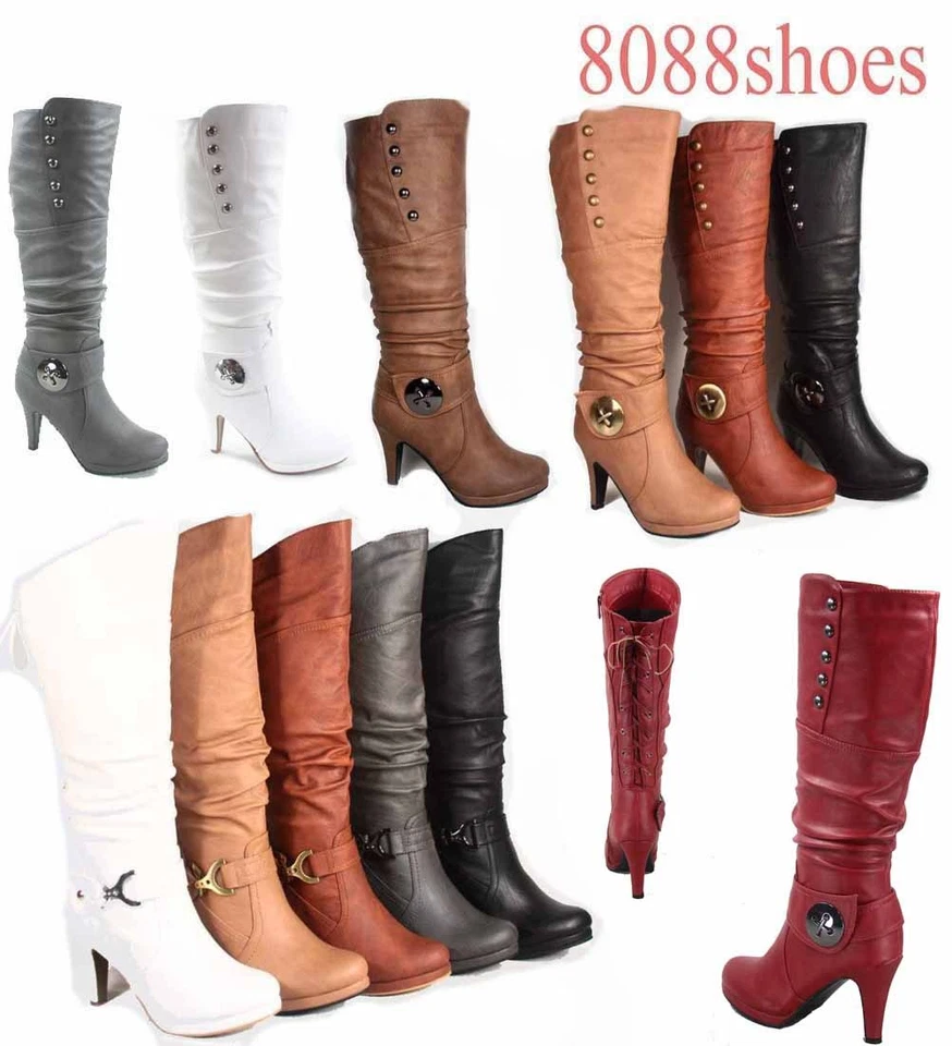 Botas hasta la rodilla con plataforma de tacón alto punta redonda para mujer talla 5-11 Foto 2 de 4