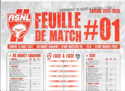 Spielbogen Nr. 01 ASNL - Stade Brestois 29 (2012 - 2013) - Ligue 1