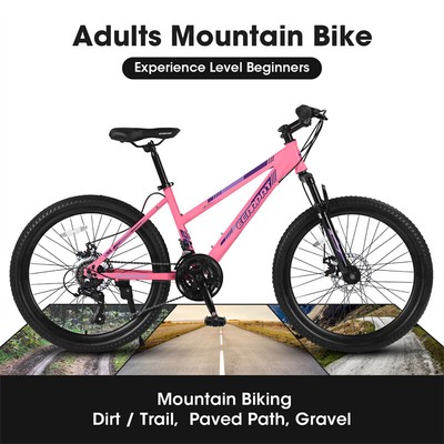 26in Adults Mountain Bike 21 Speeds Dual Disc Brakes 100mm Front Suspension-Pink