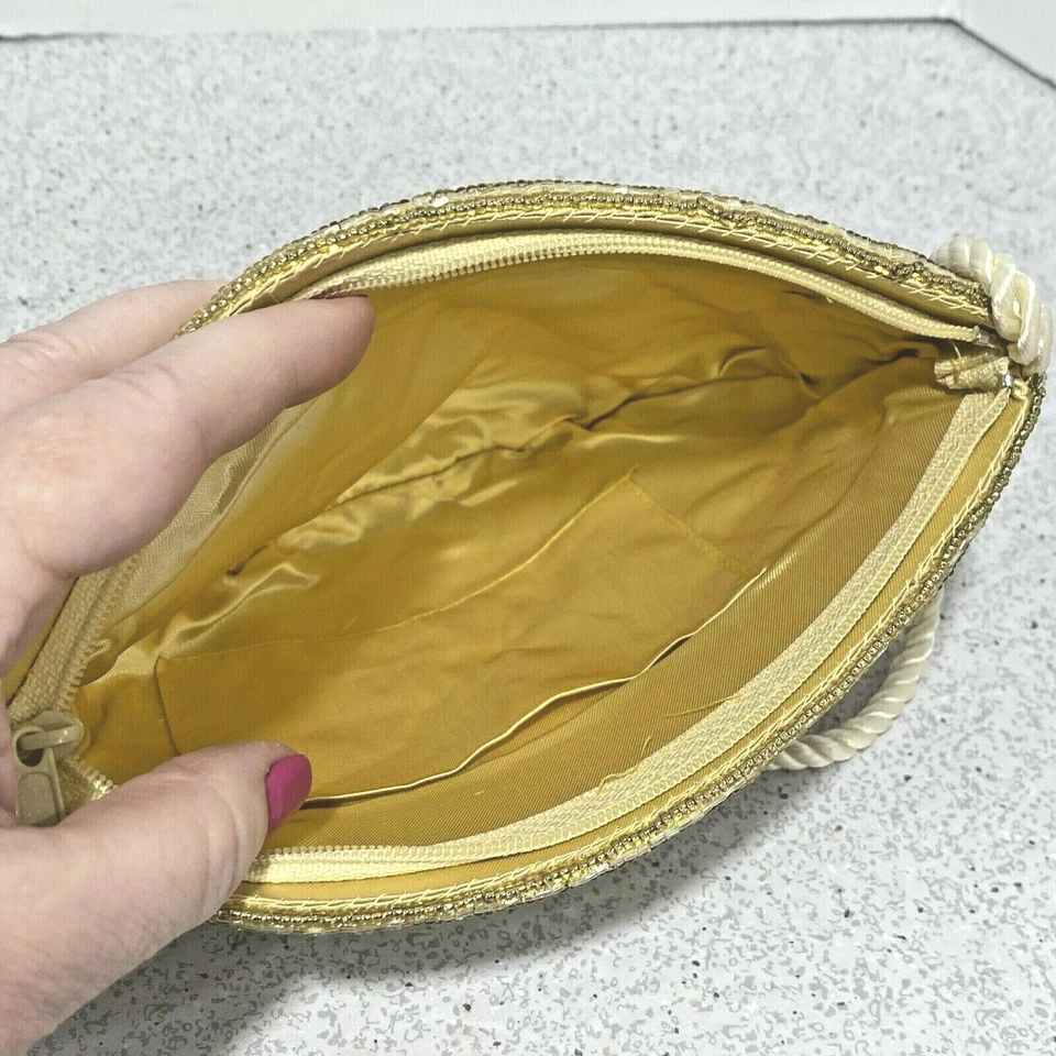 Bolsa de noite vintage com miçangas estilo discoteca retrô década de 1980 bolsa elegante cinza dourado creme - Imagem 4 de 4
