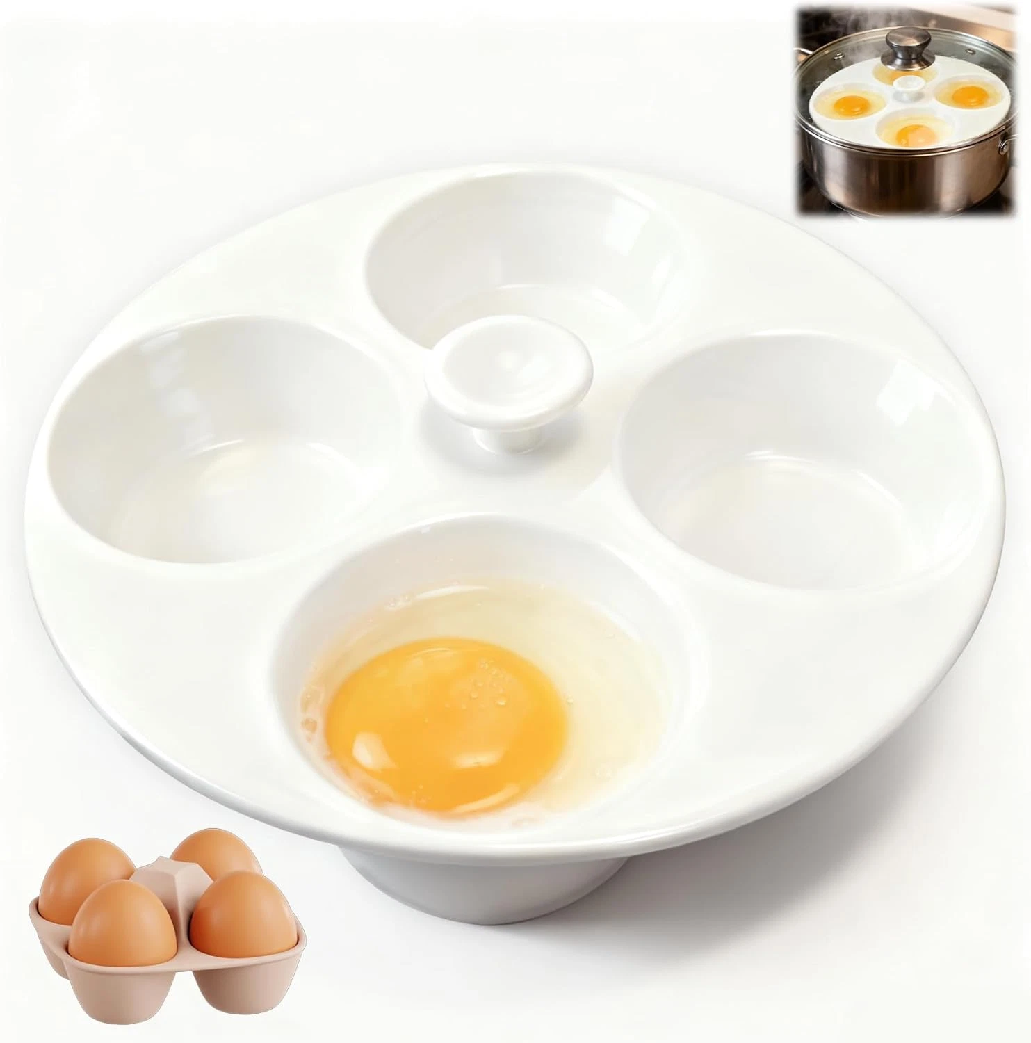 Ceramic Egg Poacher, 4-Cup Egg Poacher Pan Nonstick for Perfect Poached Eggs, Po
