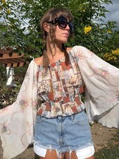 Vintage 70s Patchwork Floral Angel Bell Sleeve Blouse Hippie Bohemian M/L Retro