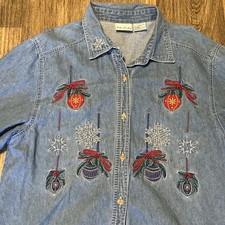 Bobbi Brooks vintage denim shirt size L blue embroidered Christmas Ornaments