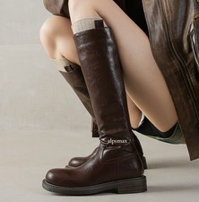 Women's Knee High Riding Boots Round Toe Flat Heel Long Tall Shoes Vintage Ladys