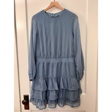 Express Long Sleeve Tiered Ruffle Swiss Dot Dusty Blue Dress Size M NWT!!!