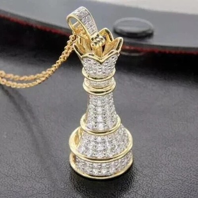 Chess Piece King Crown 14K Yellow Gold Plated Round Cut Moissanite Charm Pendant