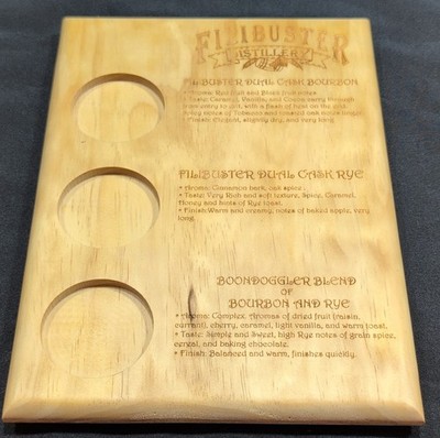 Filibuster Distillery Wooden Tasting Sign Engraved Bourbon & Rye Descriptions