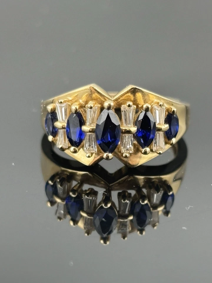 ELEGANTE Anillo Diamonique DQ Oro Amarillo 14k Zafiro Marquesa y Circonita Cónica Talla 6 Foto 2 de 4