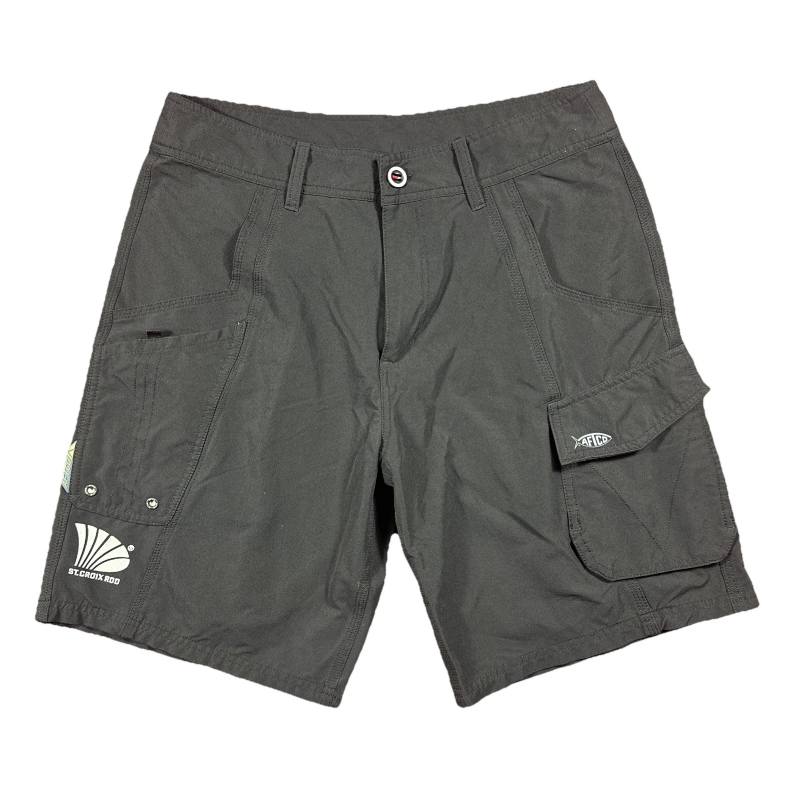 AFTCO Fishing Shorts Mens 32 Black ST. CROIX Rods Logo Cargo Stretch