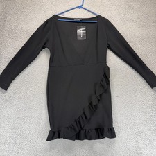 PRETTYLITTLETHING PLT Womens Long Sleeve Ruffle Wrap V-Neck Dress Black Size 16