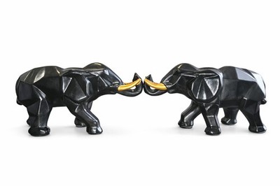 Pair of Black Elephant Statues with Gold Tusks   Decorative Home Decor Figurines