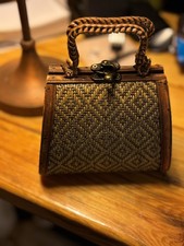 Vintage Woven Wood Box Purse Handbag Boho Basket Bag Top Handle Retro