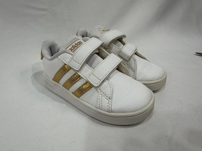 Adidas Toddler Size 7K White Sneakers Gold Stripes Streetwear