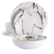 Lightweight Dinnerware Set, 12 Piece, White Marble