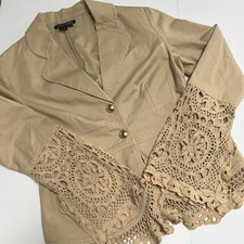 Vintage Tan Blazer Crochet Lace Trim Size M Boho Gold Buttons