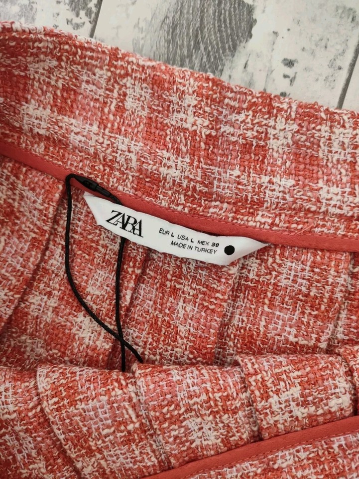 Zara Womens Orange White Check Pleated Short skirt size L 12 14 casual