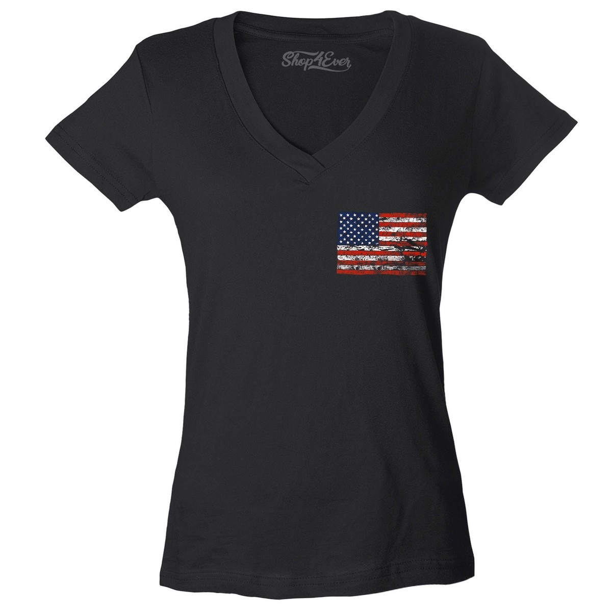 Distressed American Flag Pocket Size Women's V-Neck T-shirt Patriotic Tee