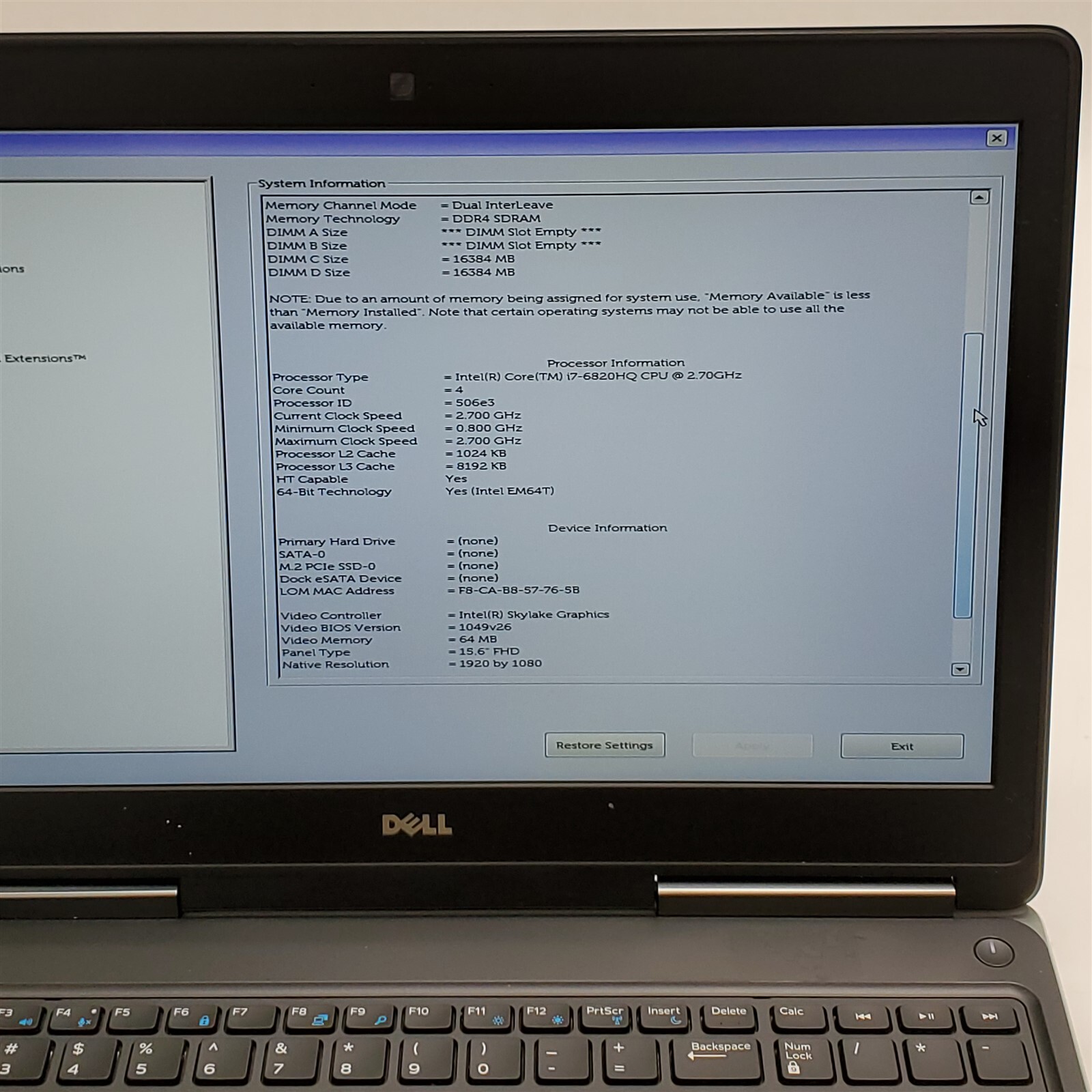 Dell Precision 7510 Laptop Intel Core i7 6820HQ 2.7GHZ 15.6" FHD 32GB RAM NO HDD - Picture 2 of 8