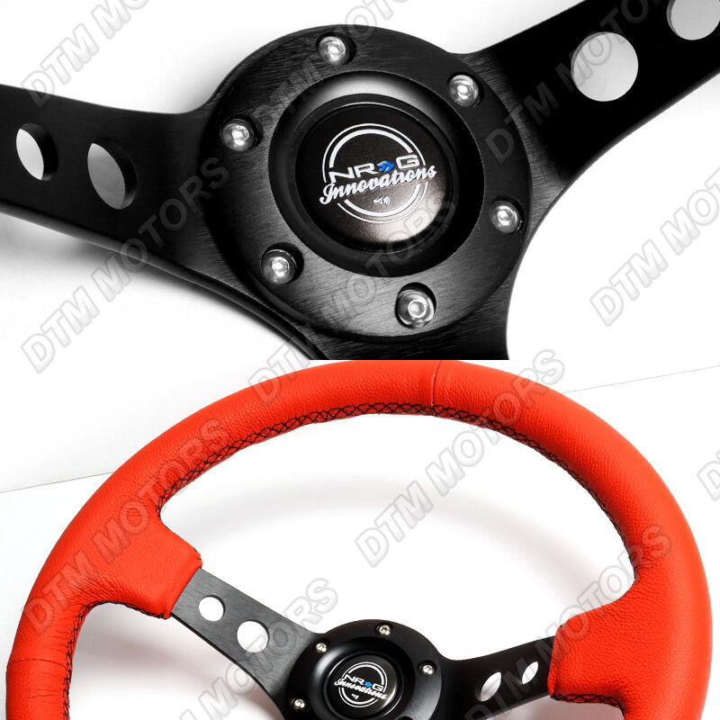 NRG 350MM BLACK LEATHER RED STITCHING 3DEEP DISH CHROME SPOKE