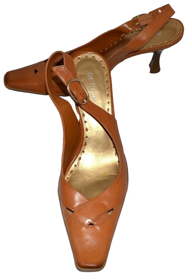 BCBGirls Caramel Leather Square Toe Adjustable Straps Slingback Heels Size 7.5M - Image 2 of 4