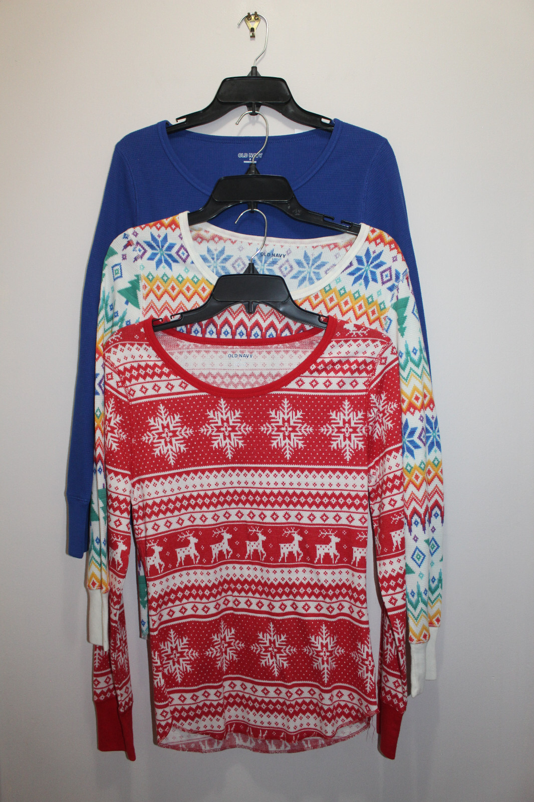 OLD NAVY WOMENS THERMAL PAJAMA COMBO 3 TOPS FAIR ISLE RED WHITE IVORY